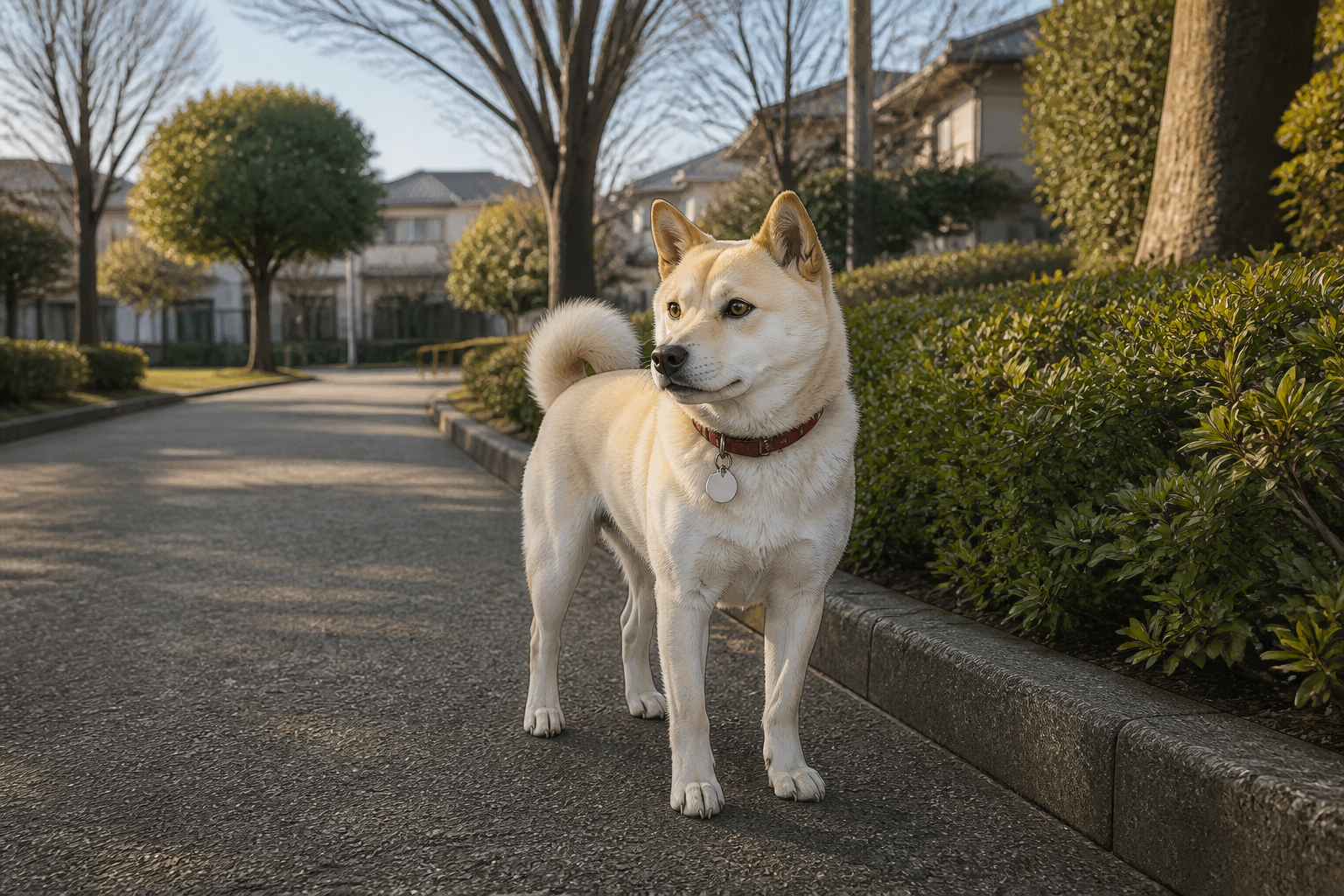 首輪を付けた犬が、住宅街の公園で飼い主とはぐれました。