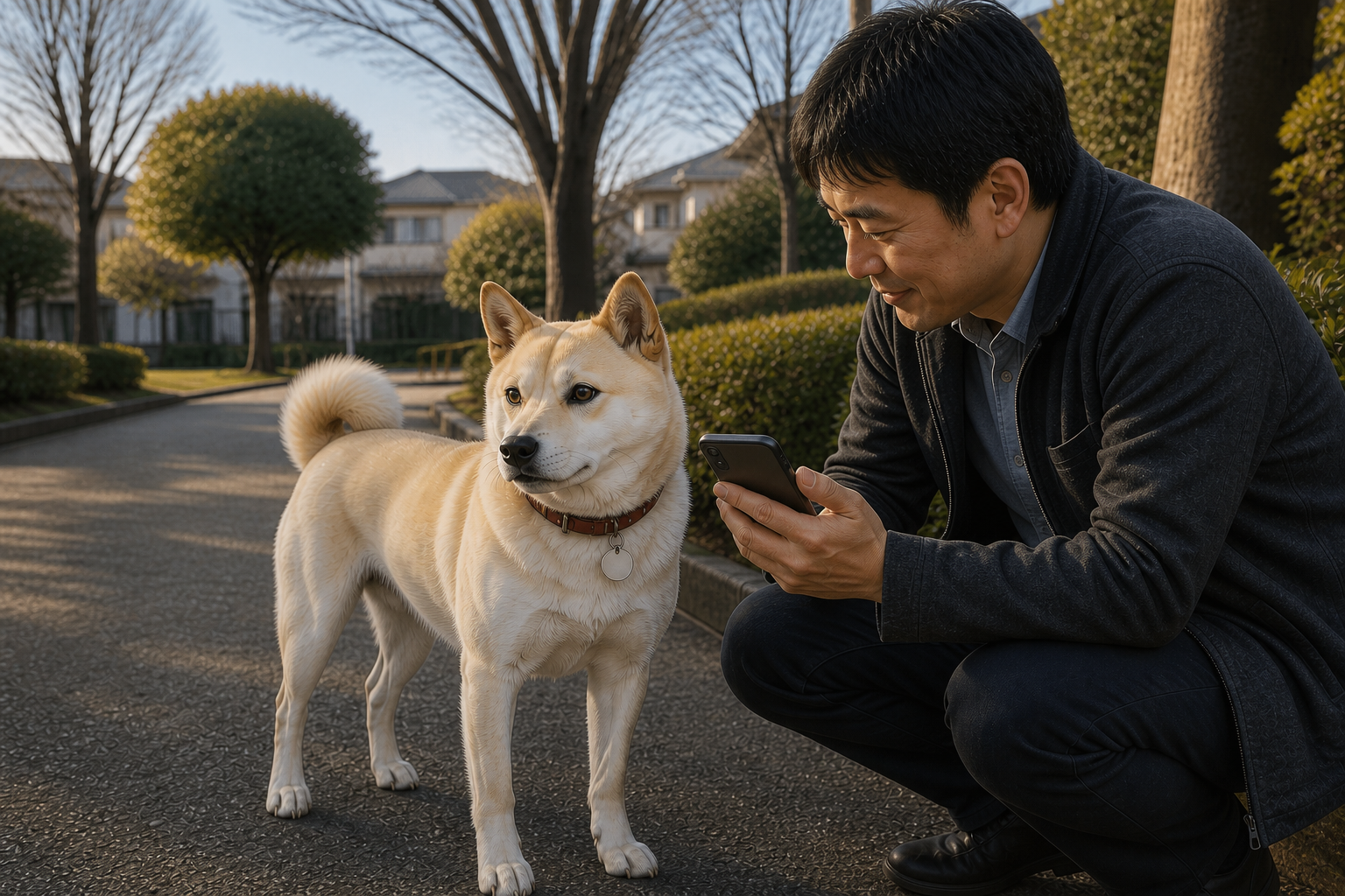 犬を落ち着かせながら、持ち主へ発見を知らせます。